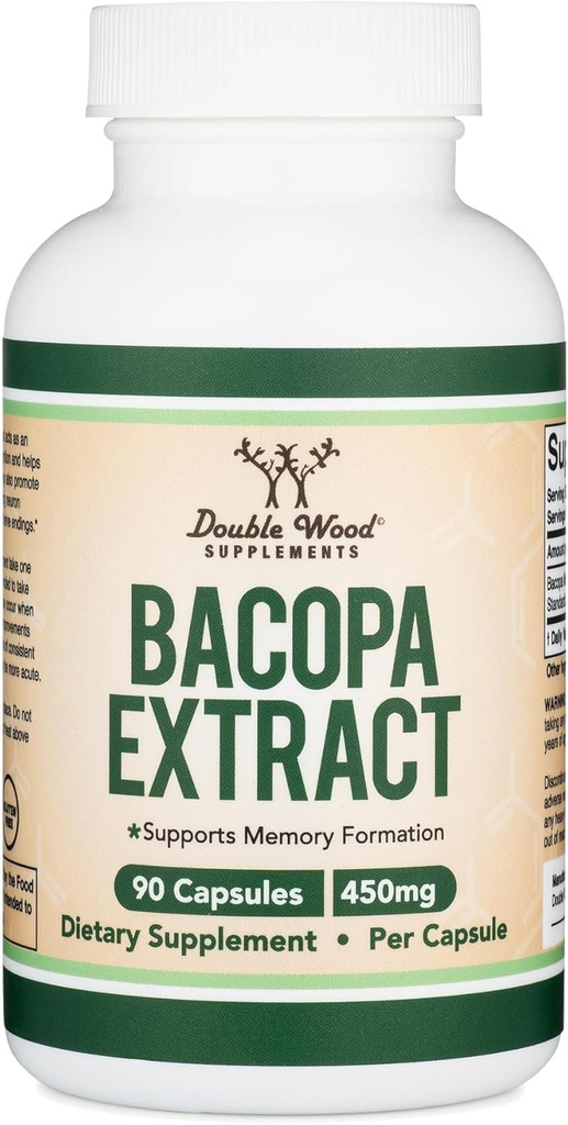 Bacopa Monnieri Capsules 20% Bacosides 450mg, 90 Cuenta (No-GMO, Gluten Free) Extracto Brahmi (Suplemento de memoria para la salud cerebral, el foco y la función cognitiva) por Madera Doble