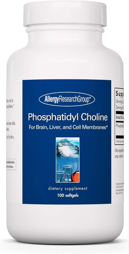 Allergy Research Group Phosphadityl Choline - Phosphaditylcholine Supplements for Brain and Liver Health, Soy Lecithin Extract for Focus and Memory, 385mg Por Capsule - 100 Softgels