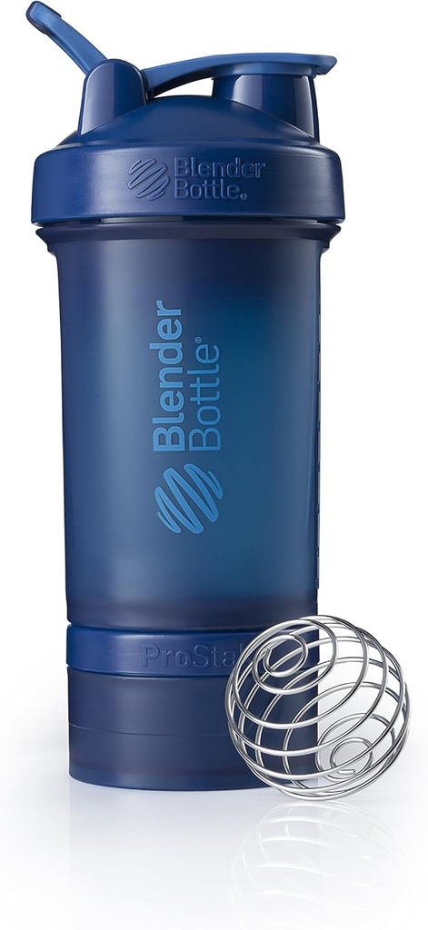 BlenderBottle Shaker Bottle con organizador de píldoras y almacenamiento para Protein Powder ProStak System, 22 onzas, Navy
