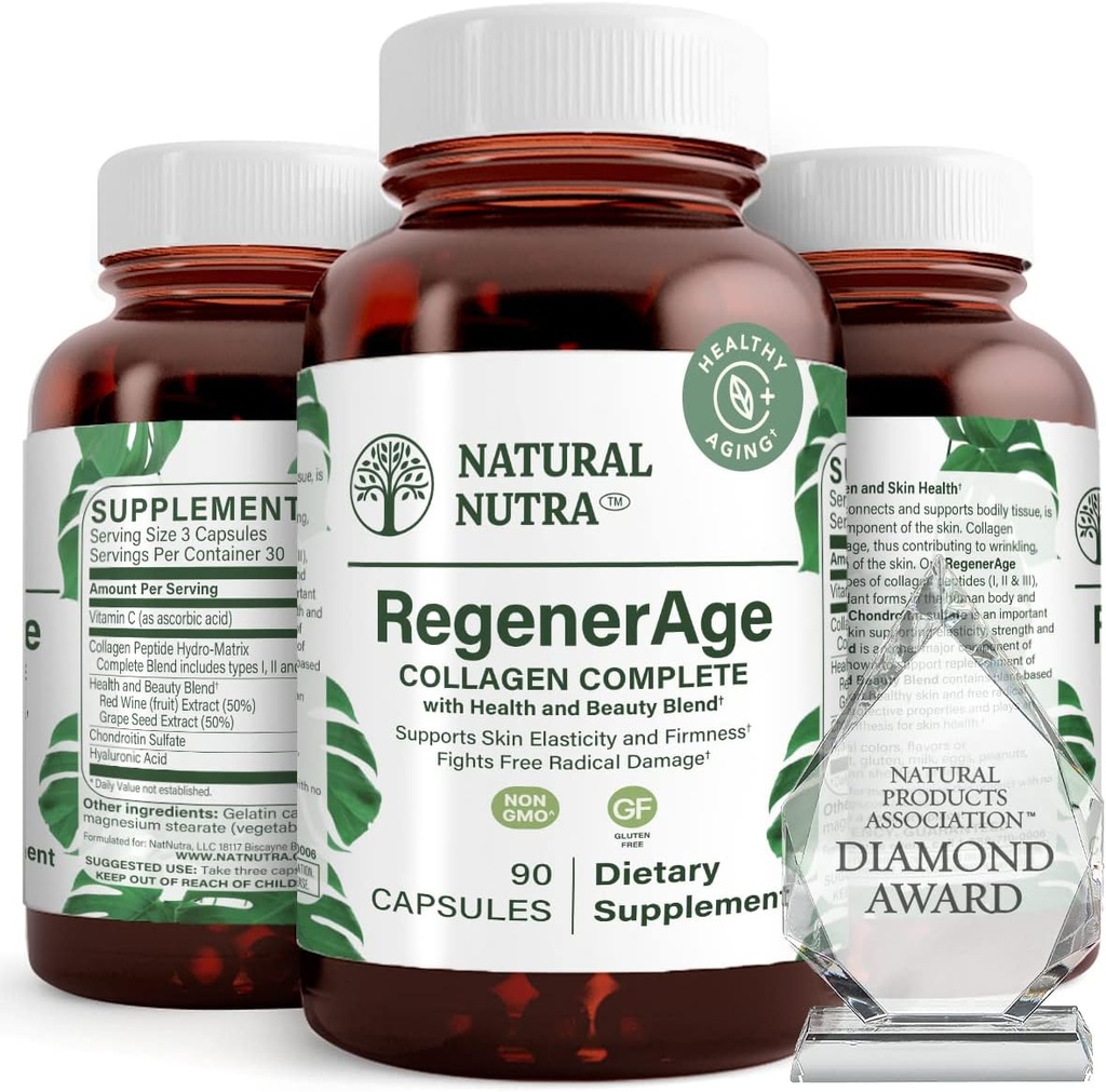Natural Nutra RegenerAge Suplemento completo para la salud de la piel con péptidos de proteína, reduce las marcas de estiramiento, contribuye a la salud general, vitamina C, extracto de vino tinto de semillas de uva, sin gluten, 90 cápsulas.