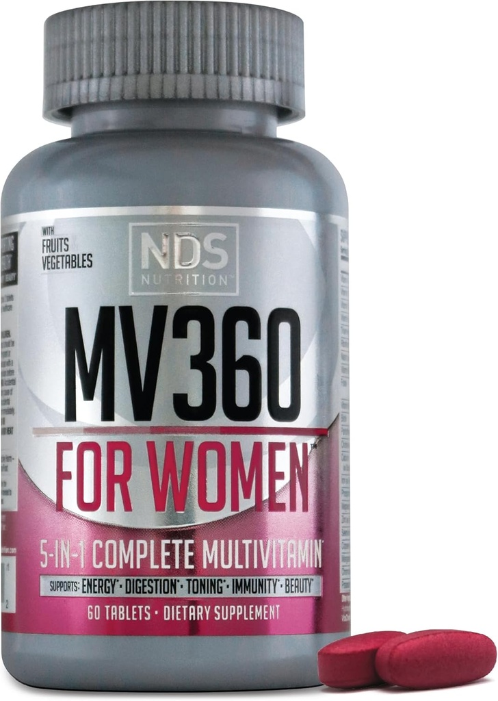NDS Nutrition MV360 Para Mujeres, 5-en-1 Multivitamina completa para Mujeres con Vitaminas Esenciales para la Energía, Digestión, Toning, Apoyo Inmunitario, Salud de las Mujeres, 60 Tabletas, 30 Serviciones