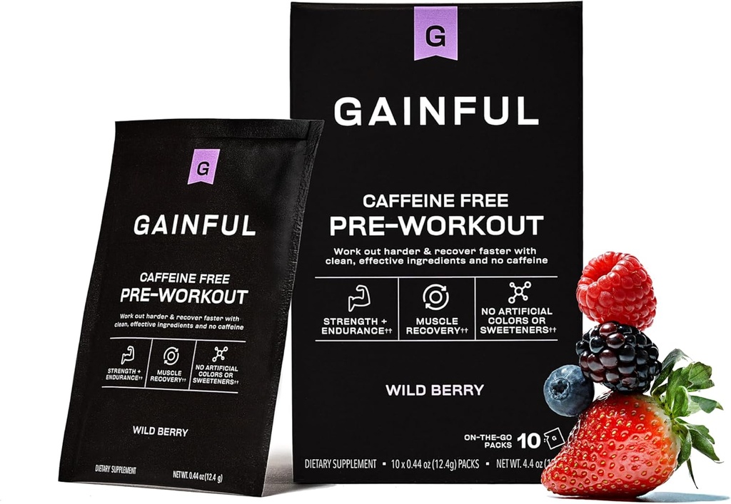 Gainful Pre Workout Powder with Creatine, Caffeine Free Clean Energy, L Citrulline and Beta Alanine for Endurance, BCAA Blend for Muscle Recovery, Vegan, Non GMO, Wild Berry, 10 Servings