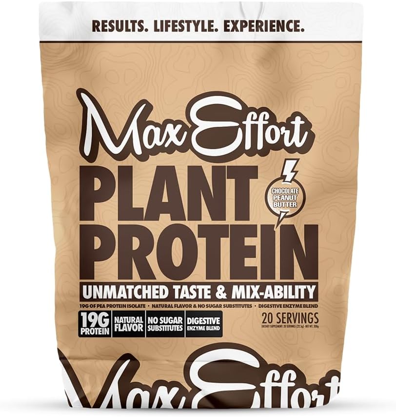 MAX EFFORT Plant Protein Powder, 19 G Pea Protein, Plant Based, Gluten Free, Low Carb, Protein Shake or Smoothie Mix, Meal Replacement, No Whey, No Sugar Substitutes, Chocolate Peanut Butter, 20 Srvg