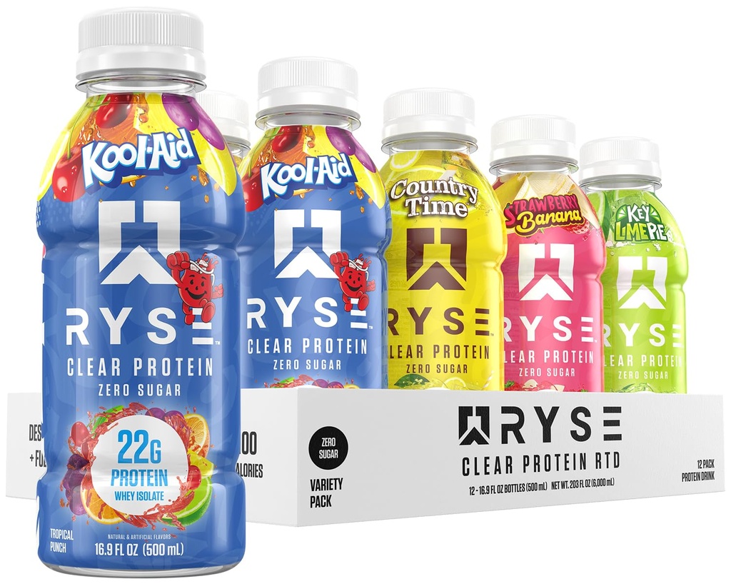 RYSE Clear Protein Drink - Vaiety Pack - 100 Calories, 22g Whey Isolate Protein Shake, Sugar-Free, 0g Fat & Lactose-Free - Refreshing Ready-to-Drink Beverage - 16.9 fl oz Bottles (12-Pack)