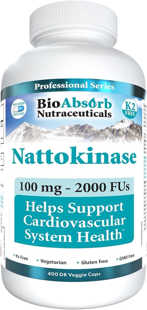 Bio Absorb Nattokinase Suplemento. 100 mg, 2000 FUs. 400-Day Supply. Non-GMO Natto Extracto Enzyme (400 Veggie Caps)