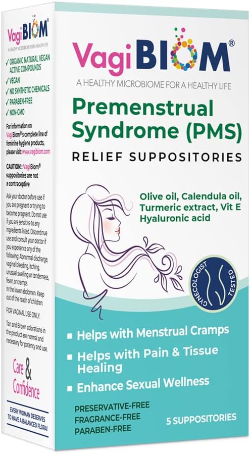VagiBiom Menstrual Relief Suppositories (5 Supositorios) con Calendula Oil, Cocoa Butter, Turmeric y VIT E que ayuda con el cramp de período, Mood Swings. Sanación de tejidos. USA Made, Vegan, sin hormonas