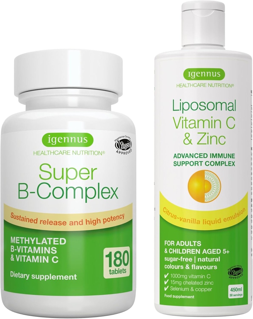 Super B-Complex + Liposomal Vitamina C 1000mg & Zinc Vegan Bundle, Methylated Sustained Release B Complex &amp; High Absorption Liquid Immune Support Complex, by Igennus