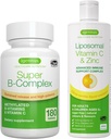 Super B-Complex + Liposomal Vitamina C 1000mg & Zinc Vegan Bundle, Methylated Sustained Release B Complex &amp; High Absorption Liquid Immune Support Complex, by Igennus