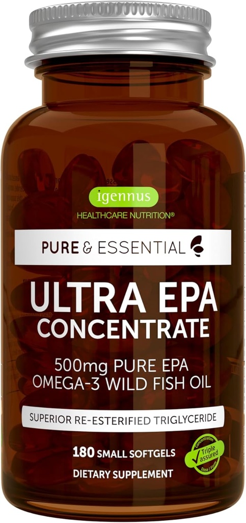 Igennus Ultra Pure Omega-3 EPA 500mg, Highly Concentrated IFOS Certified Wild Fish Oil, Advanced rTG Triglyceride Form, Non-GMO, 180 Small Softgels