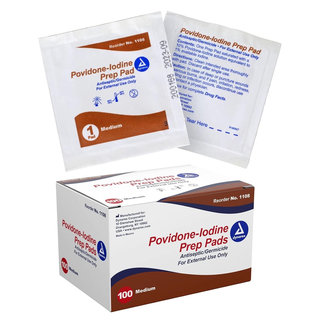 Dinasrex Povidone-Iodine Prep Pads, Saturated with Povidone Iodine 10%, Medical-Grade Antiseptic Wipes Usado para Prepping Prior Minor Procedures, Medium, 1 Case of 100 Prep Pads