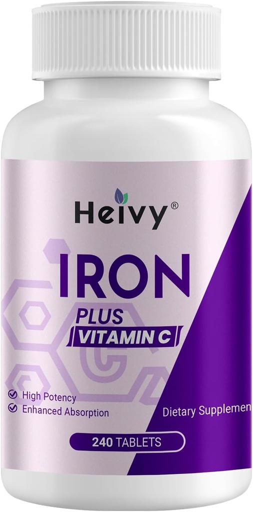 Heivy Ferrous Sulfate 325mg (Iron 65mg), High Potency Iron Supplement for Women and Men, Iron Pills with Vitamin C, Ferrous Sulfate, Non-GMO - 240 Tablets Made in USA