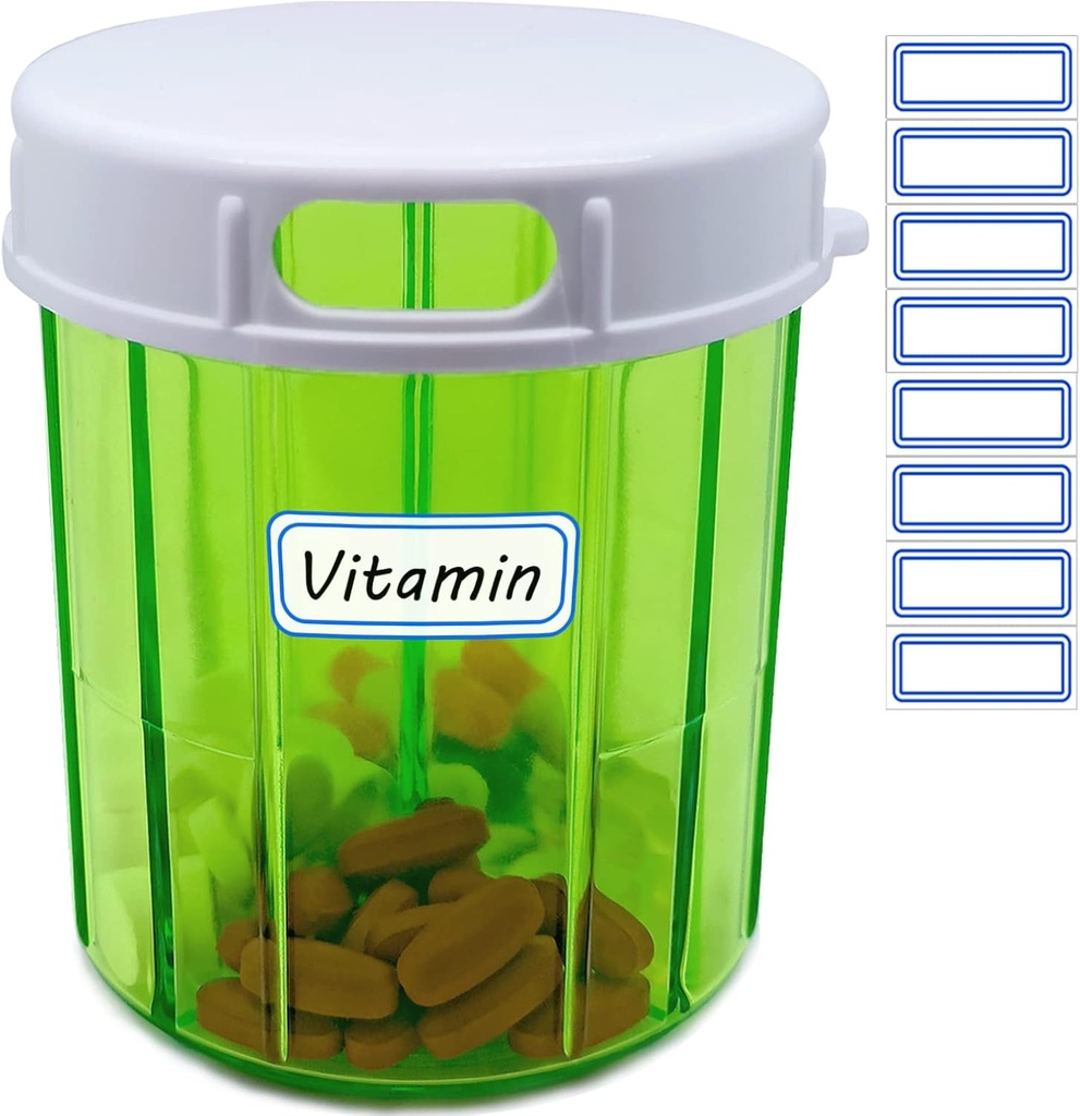 Organizador de vitaminas Dispensador de píldoras grande 4 Compartimiento Organizador de píldoras portátiles para aceites de pescado, vitamina, suplementos, medicamentos (contenedor de plumas + etiquetas autoadhesivas)
