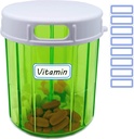 Organizador de vitaminas Dispensador de píldoras grande 4 Compartimiento Organizador de píldoras portátiles para aceites de pescado, vitamina, suplementos, medicamentos (contenedor de plumas + etiquetas autoadhesivas)