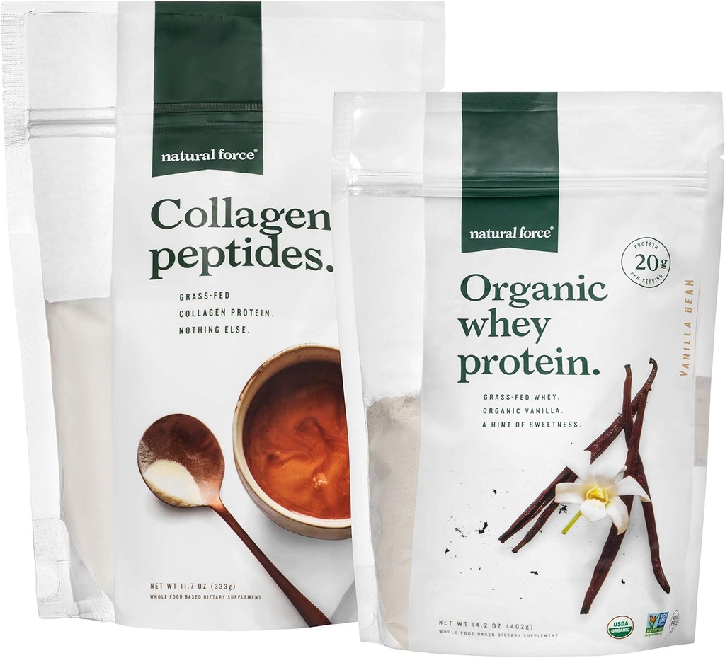Natural Force Clean, Grass Fed Collagen Peptides + Vanilla Organic Whey Protein Bundle – Organic, Non GMO Whey Protein " Hydrolyzed Type I y III Collagen – 14.3 Ounce Bag y 11.7 Ounce Bag