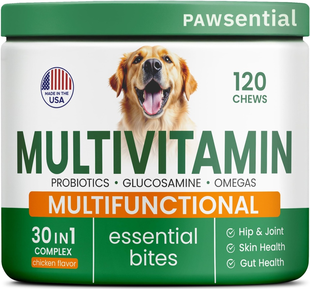Vitaminas de perros + Glucosamina - Multivitamínicos Chewable + Probióticos, Omega - Hip &amp; Joint Support, Skin &amp; Coat, Gut Health - Adulto &amp; Senior - Grande &amp; Pequeña raza - 120 Chews