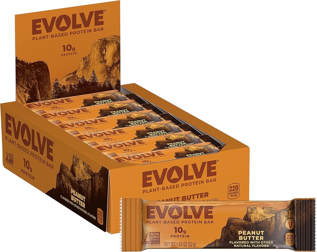 Evolve Plant Based Protein Bar, Peanut Butter, Dairy Free, No Artificial Flavors, Non-GMO, Packaging May Vary, 10 g,12 Conde (Pack of 1)