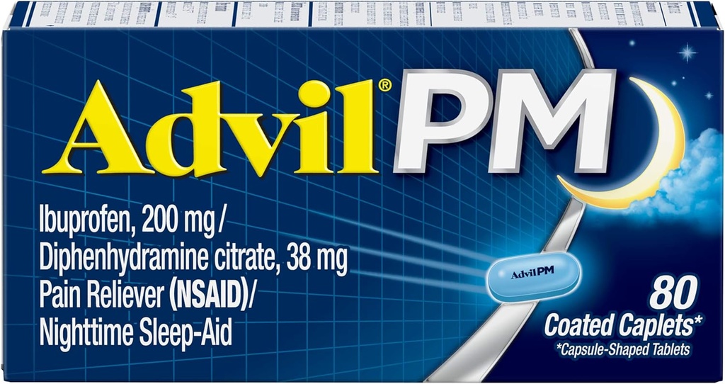 Advil PM Pain Reliever and Nighttime Sleep Aid, Pain Medicine with Ibuprofen for Pain Relief and Diphenhydramine Citrate for a Sleep Aid - 80 Count (Pack of 2)