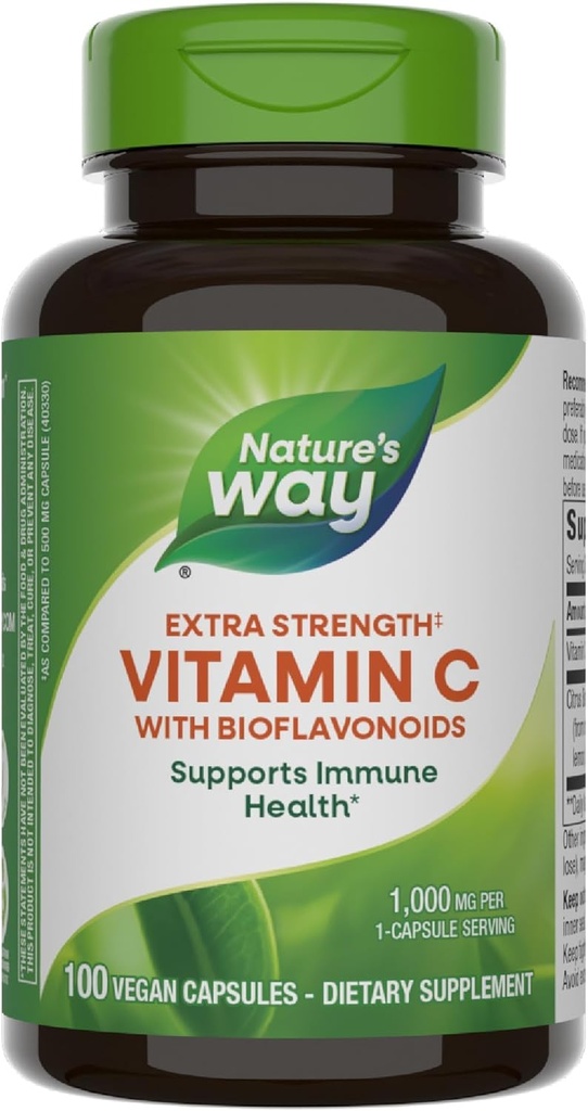 Vía de la naturaleza Extra Strength(1) Vitamina C con Bioflavonoides, apoya la salud inmunitaria*, promueve la producción de colágeno para la piel sana*, 1.000 mg por cápsula, 100 cápsulas veganas (paquete mayo Vary)