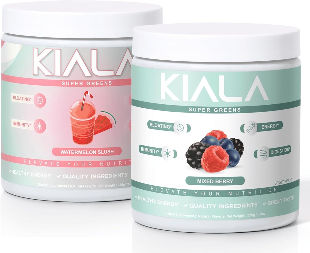 Kiala Nutrition Super Greens, Orgánica Greens Powder, Spirulina & Clorella Superfood Powder, Azúcar " Gluten Free Vegan, Spectra Blend, Watermelon " Mixed Berry 2 Pack