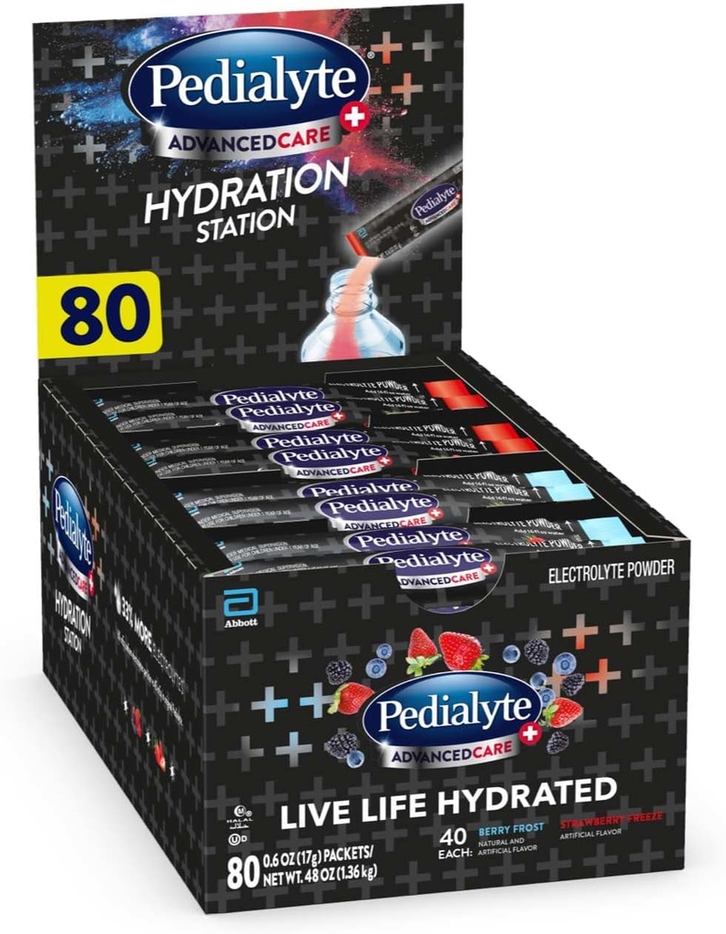 Pedialyte AdvancedCare Plus Electrolyte Powder, tiene 33% más Electrolytes y PreActiv Prebiotics, Hydration Station Variety, 80 Powder Packets