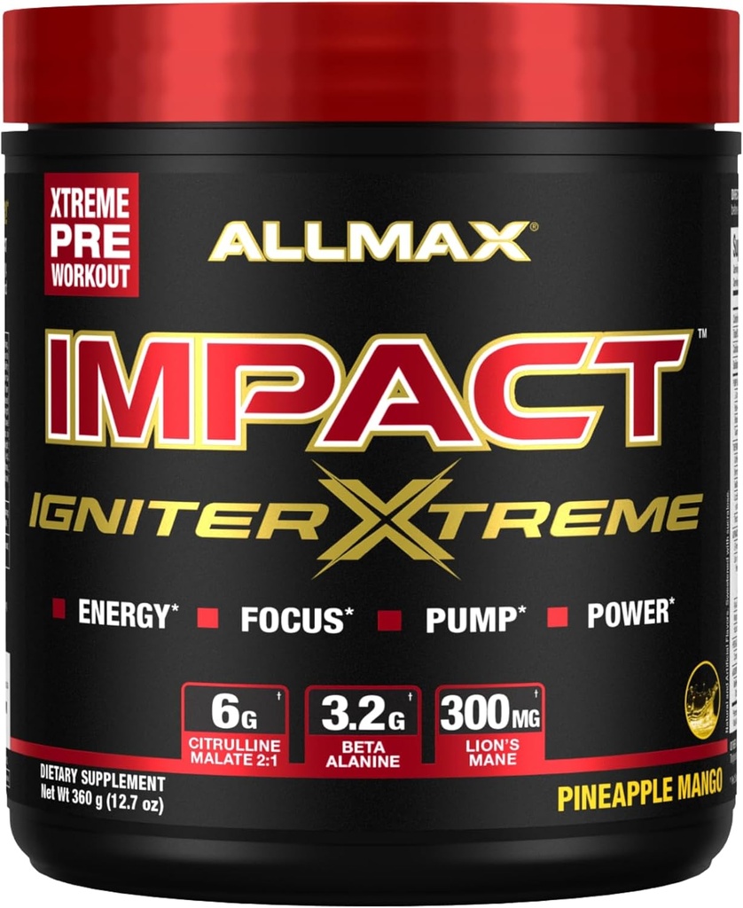 ALLMAX Nutrition - Impact Igniter Extreme Pre Workout Powder - con Citrulline Malate, Beta - Alanine, Caffeine, Taurine y, Betaine anhydrous (Pineapple Mango)