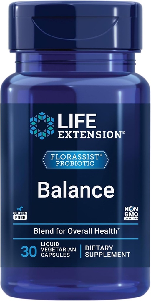 Extensión de la vida FLORASSIST Balance Probiótico - 7 Strains 15 Billion CFUs - Probióticos Suplementos para Hombres y Mujeres - Asistencia sanitaria digestiva – Una vez Daily, No GMO, Vegetariano – 30 cápsulas