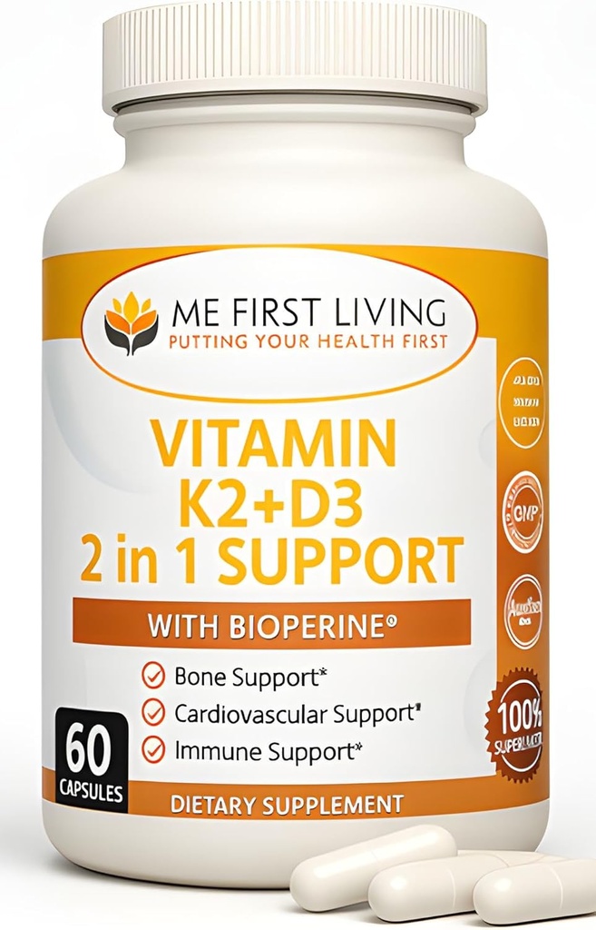 Me First Living Vitamina D3 K2 Suplemento Bone y Corazón Salud No GMO Fórmula 125 MCG Vitamina D3 &amp; 100 MCG Vitamina K2 MK-7 Complejo Easy to Swallow Vitamin D & K con calcio