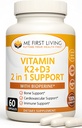 Me First Living Vitamina D3 K2 Suplemento Bone y Corazón Salud No GMO Fórmula 125 MCG Vitamina D3 &amp; 100 MCG Vitamina K2 MK-7 Complejo Easy to Swallow Vitamin D & K con calcio