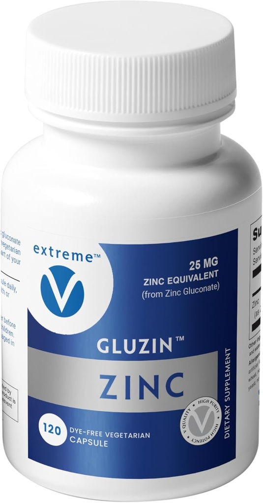 GluzinTM Zinc Suplemento 25 mg ← Zinc Gluconate ← Clean-Label, 120 cápsulas vegetarianas pequeñas ← Gentle, opción de baja dosis para el soporte diario
