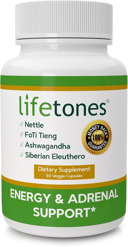 Lifetones Energy &amp; Adrenal Support Capsules - Natural Energy Boost, Stress Relief y Adrenal Health Formula - 60 Vegan Vitaminas