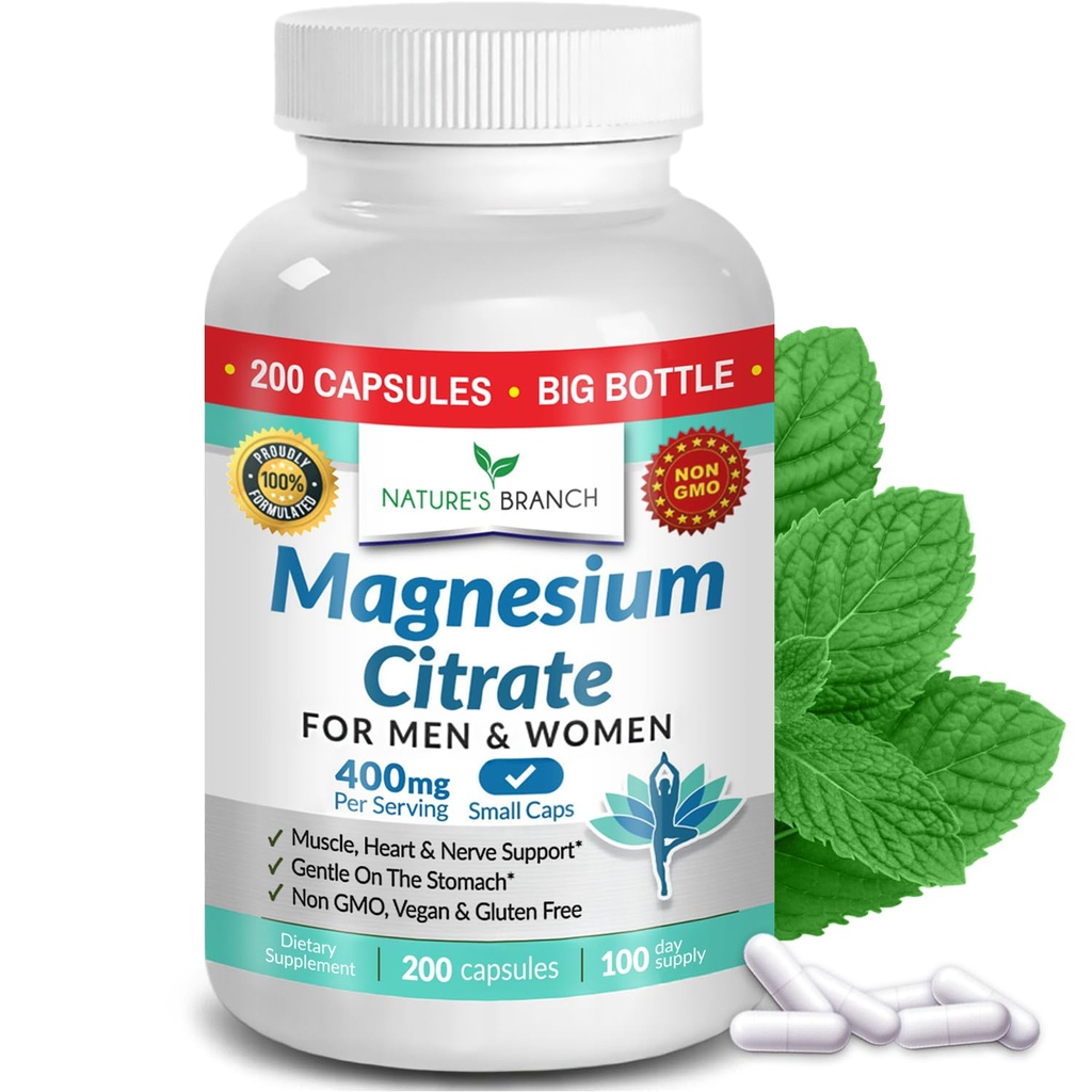 Citrato de magnesio 400mg - 200 cápsulas - Alta potencia para el sueño, calambres de las piernas, absorción de fuerza adicional, píldoras fáciles de absorber para hombres de mujeres, suplemento vegano no tablas - Hecho en EE.UU.