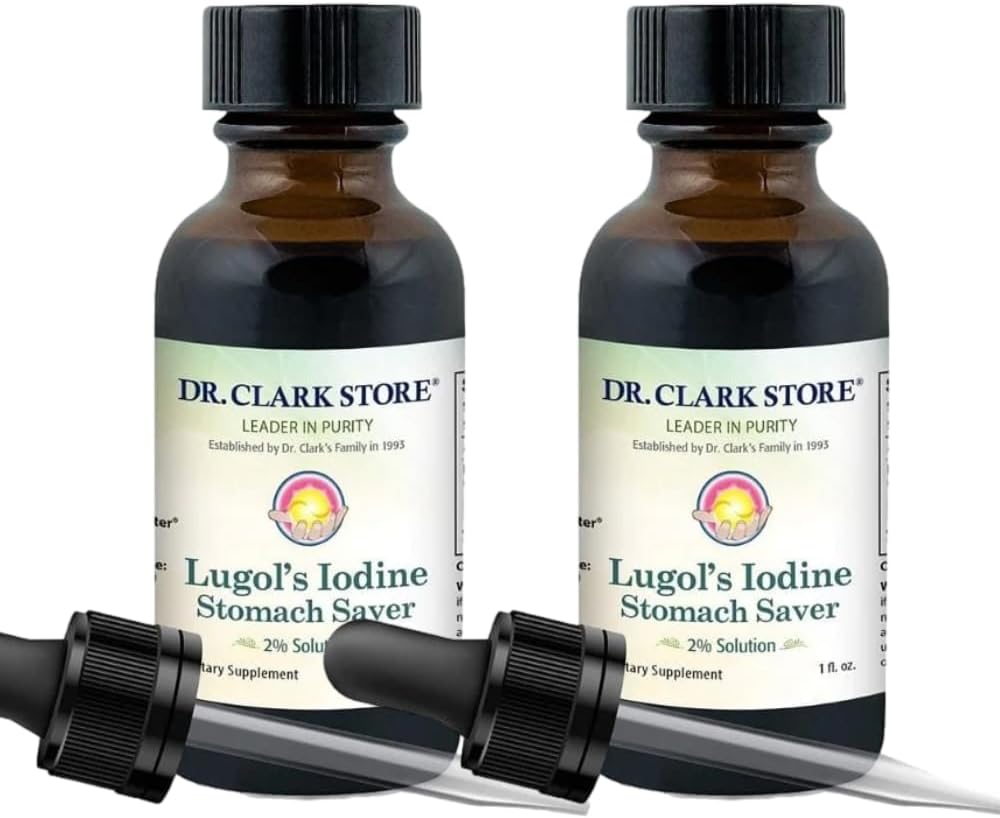 Solución 2% del Dr. Clark Lugol - Aqueous and 2% Granular Iodine - Natural Stomach Relief and Healthcare - 1 fl. Oz with a Dropper 2Pack