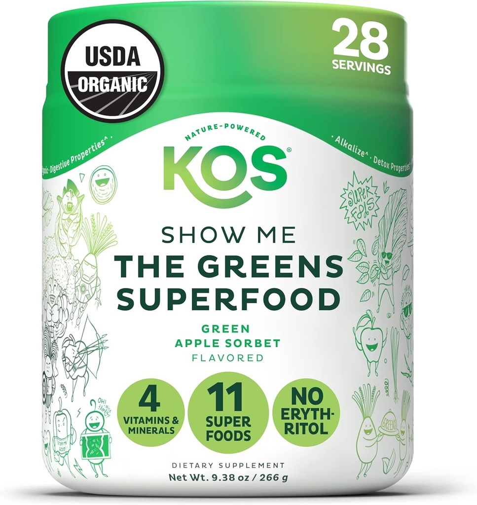 KOS Organic Super Greens Powder Erythritol Gratis - Planta de base Superfood Blend con Spirulina, Clorella & Wheatgrass - USDA Certified Organic, Green Juice Smoothie - Apple Flavor - 28 Servings