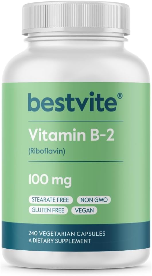 BESTVITE Vitamin B-2 100mg (240 Vegetarian Capsules) - No Stearates - No Dicalcium Phosphate - Vegan - Non GMO - Gluten Free