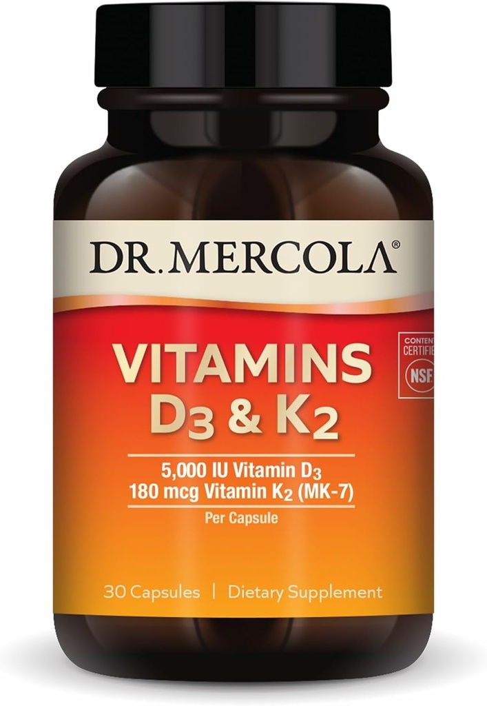 Dr. Mercola Vitamins D3 & K2 - Supports Immune, Brain, Cardiovascular, Respiratory & Bone Health - GMO-Free, Gluten-Free & Soy-Free - 30 Capsules (30 Servings)