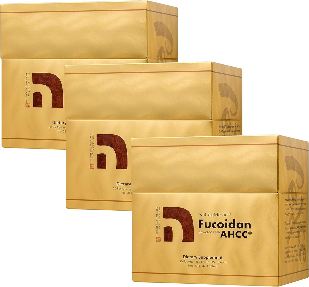 Fucoidan alimentado con AHCC® Brown Seaweed Immunity Supplement with High Purity Organic Mekabu Mozuku Agaricus 50 Concentrated Liquid Extract Packets/Box Made in Japan (3 Boxes)