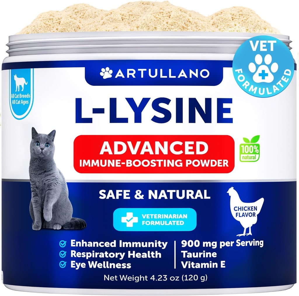 L-Lysine for Cats - Lysine Powder Suplemento - 900mg/servido - Immune Support for Cats & Kittens - Sneezing, Runny Nose, Squinting, Watery Eyes, Cold, Eye Function, Respiratory Health - with Taurine