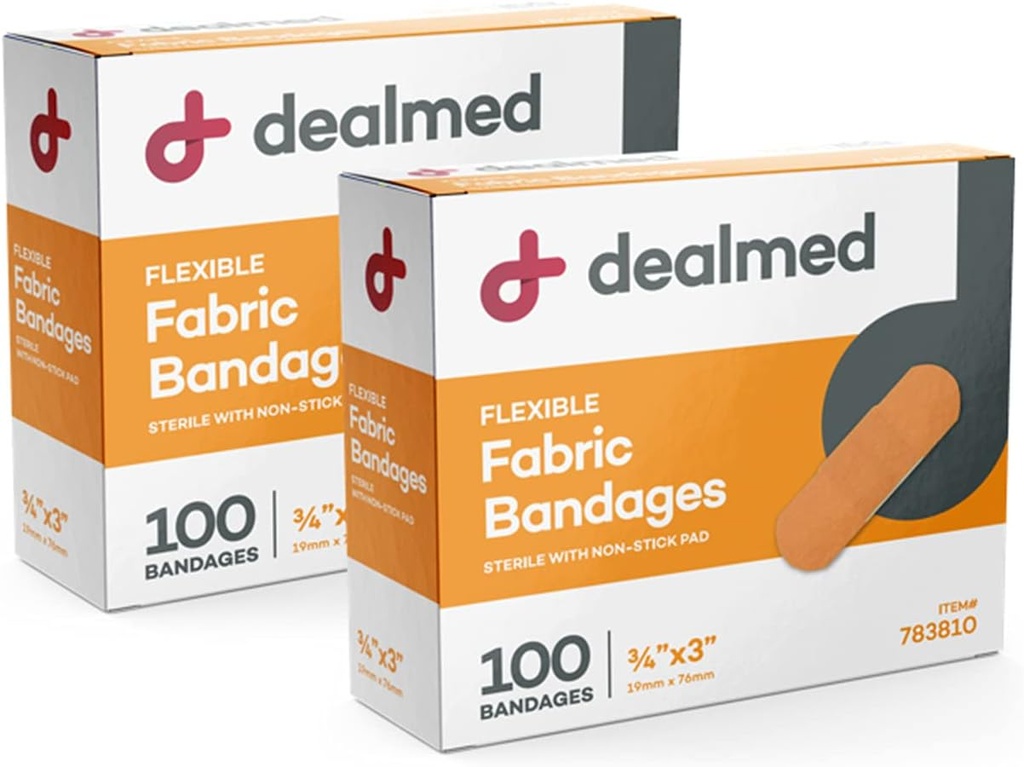 Bandajes de Adhesivo Flexible de Tejido Accionado – 100 Conde (2 Pack) Bandages with Non-Stick Pad, Latex Free, Wound Care for First Aid Kit, 3" x 3/4"