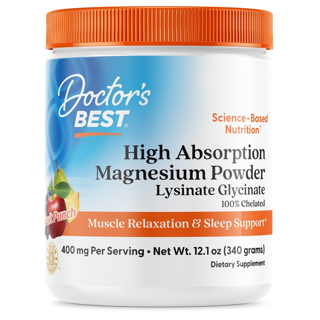 Doctores Mejor Absorción alta Magnesium Powder Lysinate Glycinate 100% Chelated, Muscle Relaxation & Sleep Support, Gluten Free, Vegan, 100% Chelated Net Wt. 12.1 oz (340 gramos), Fruit Punch Flavor