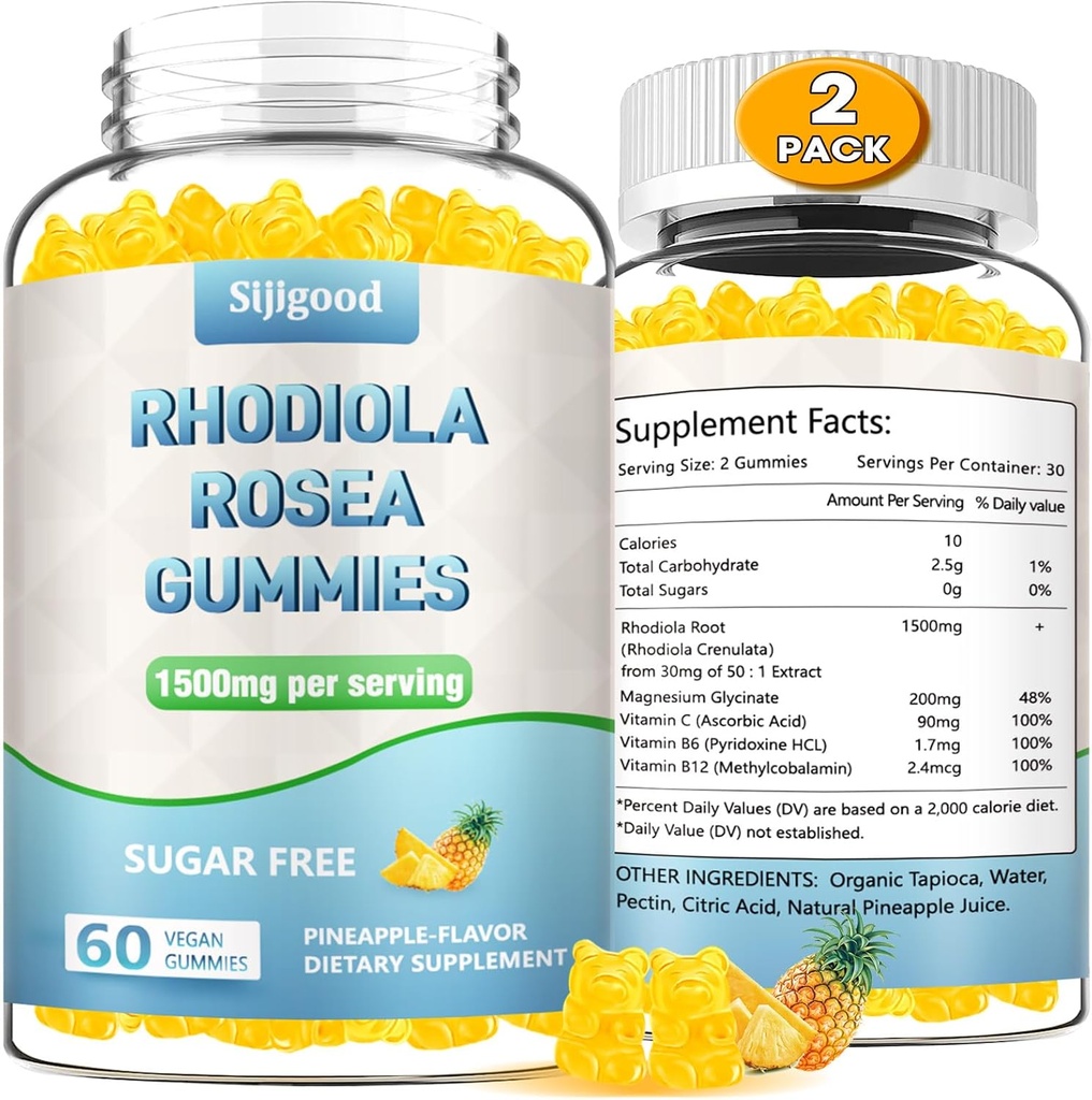 2 Pack sin azúcar Rhodiola Rosea Gummies, Adaptogenic Rhodiola Rosea Suplemento " Cortisol Blocker for Enhanced Stamina, Mood Elevation, and Motivation Boost, Non-GMO, Vegan, 120 Conde