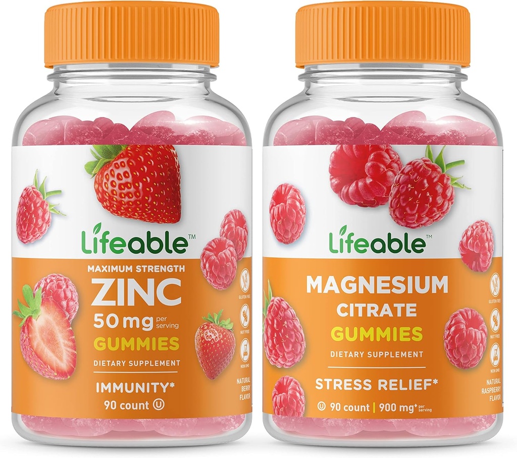 Zinc Lifeable 50mg + Magnesium, Gummies Bundle - Gran Tasting, Suplemento de vitaminas, Gluten Gratis, GMO Gratis, Chewable Gummy