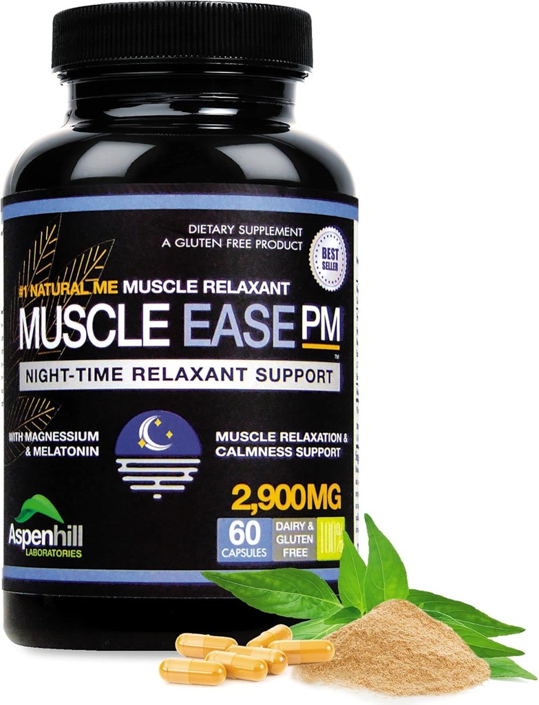 Muscle Relax de tiempo nocturno PM - 2,900mg Maximum Strength Relaxant with Magnesium Glycinate. Gluten Free – 60 cápsulas (Paquete May Vary)