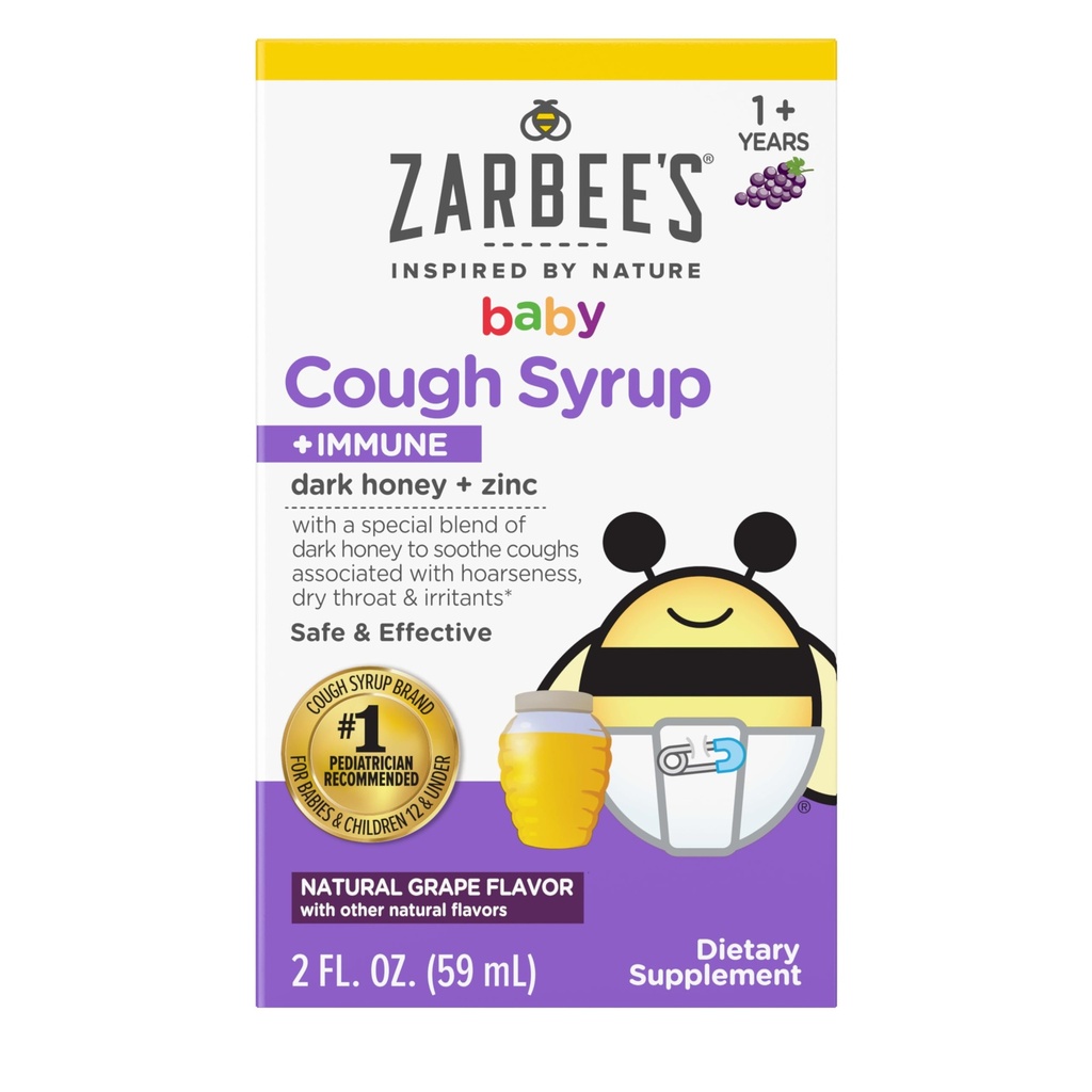 Zarbee's Baby Honey Cough Syrup + Immune for Babies 12-24 Months, Safe & Effective Cough Syrup with Soothing Dark Honey & Zinc for Immune Support*, Drug & Alcohol-Free, Grape, 2 fl. Oz