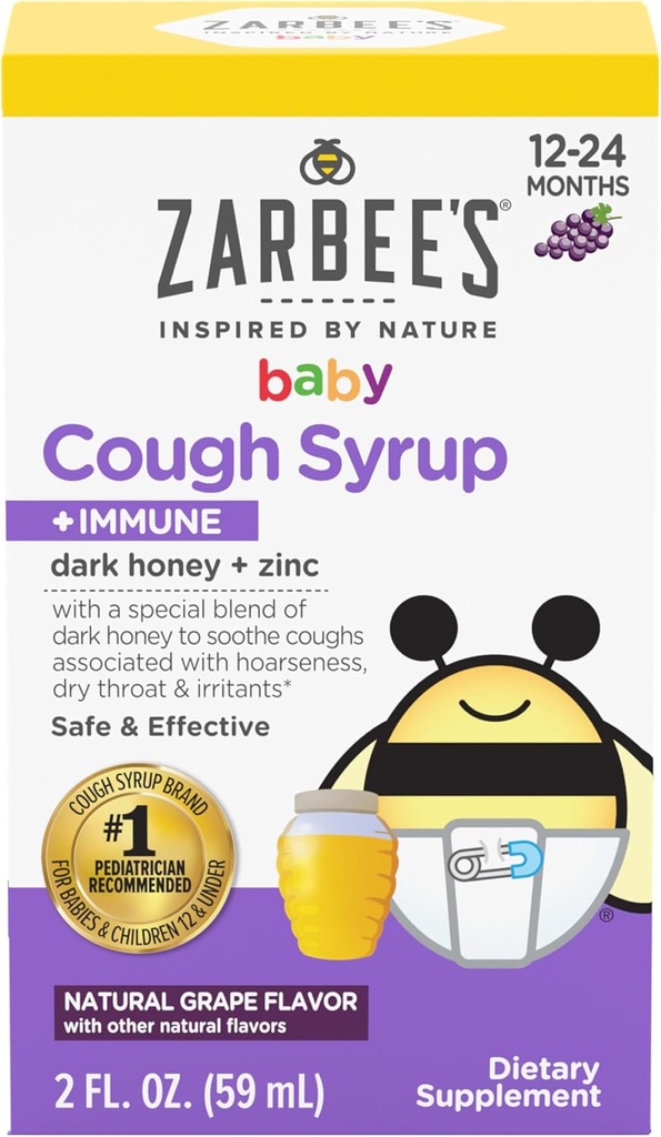 Zarbee's Baby Honey Cough Syrup + Immune for Babies 12-24 Months, Safe & Effective Cough Syrup with Soothing Dark Honey & Zinc for Immune Support*, Drug &amp; Alcohol-Free, Grape, 2 fl. Oz