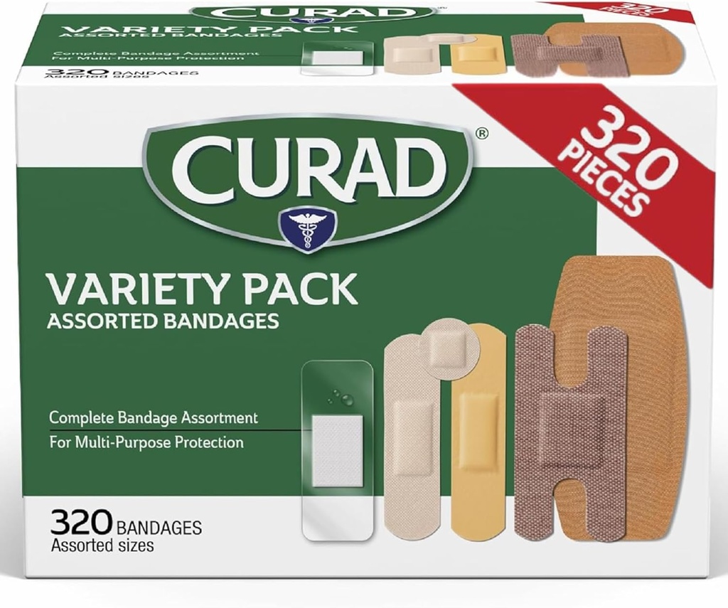 Bandages surtidos de CURAD Bulk Variety Pack 320 Cuenta 5 Estilos Incluyendo impermeable, chapa, plástico, trabajo pesado y kit de primeros auxilios flexibles Protege los Scrapes, cortes & quemados