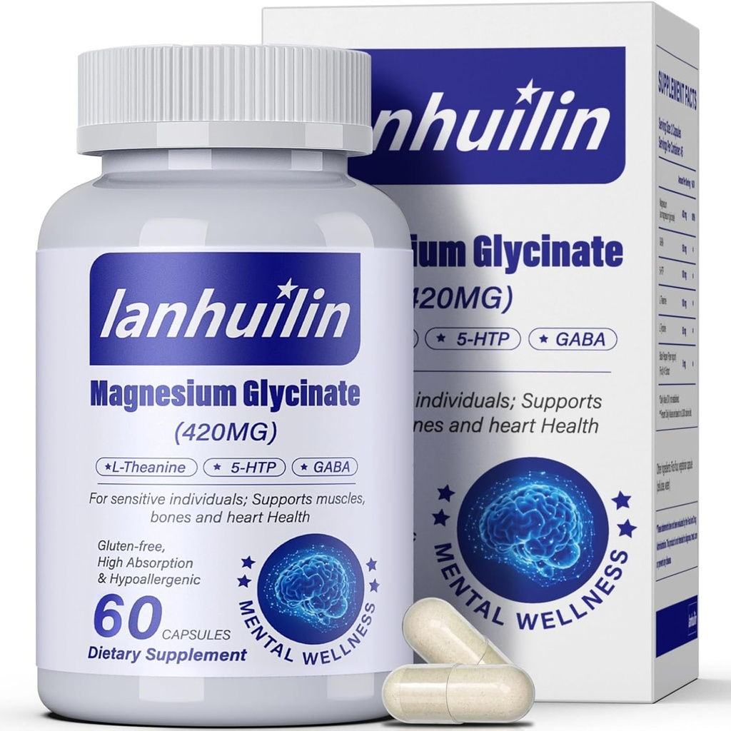 Complejo de Magnesio 6 en-1, 420 mg Glycinate de Magnesio Puro, Suplemento de Magnesio con GABA, 5-HTP, L-Theanine, L-Tyrosine, Vegetariano &amp; Alta Absorción, 60 cápsulas