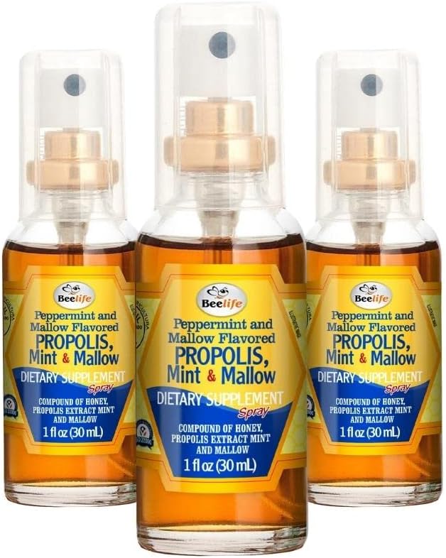 Propolis Propolis Throat Spray – Soothing Honey, Mint &amp; Malva Propolis Spray - Soporte natural de inmunológico " Sore Throat Relief - Bee Propolis – Antioxidants, Flavonoids " Artepillin C, Gluten-Free - 3-Pack