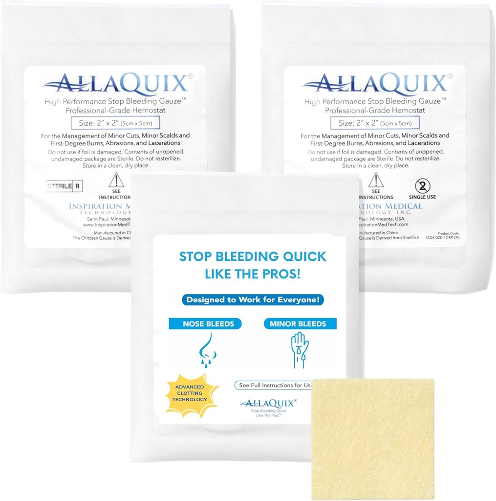 High Performance Stop Bleeding Gauze Pads – 3-Pack (2"x2") ¦ Hemostatic Wound Dressing for Cuts & First Aid Kits ¦ Sterile, Drug-Free, Fast Clotting Pads