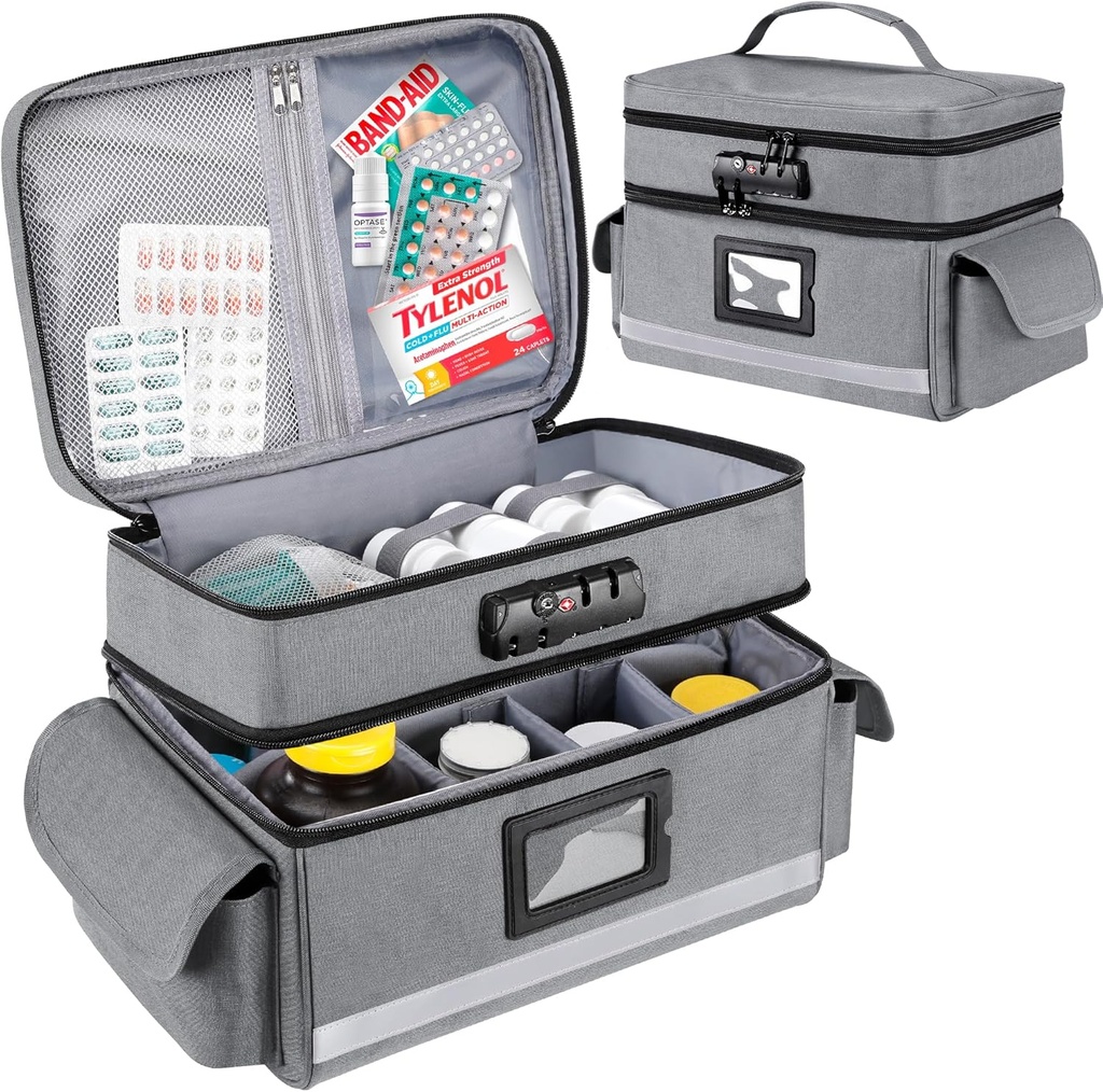Zannaki bolsa de almacenamiento de medicamentos con cerradura de combinación, doble capas bolsa de organizador de botella vacío, caja de bloqueo de medicamentos con cremalleras para la prescripción, vitaminas, suplementos o suministros médicos, gris