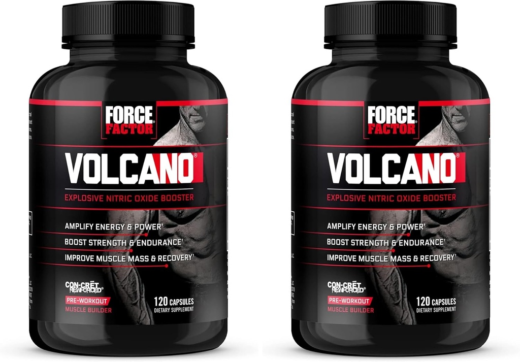 Volcán de Factor de Fuerza Pre Workout Nitric Oxide Booster Suplemento para Hombres con Creatina y L-Citrulline para Boost y Energía, Ayuda a construir músculo, mejor bomba y entrenamiento, 120 cápsulas (Pack de 2)